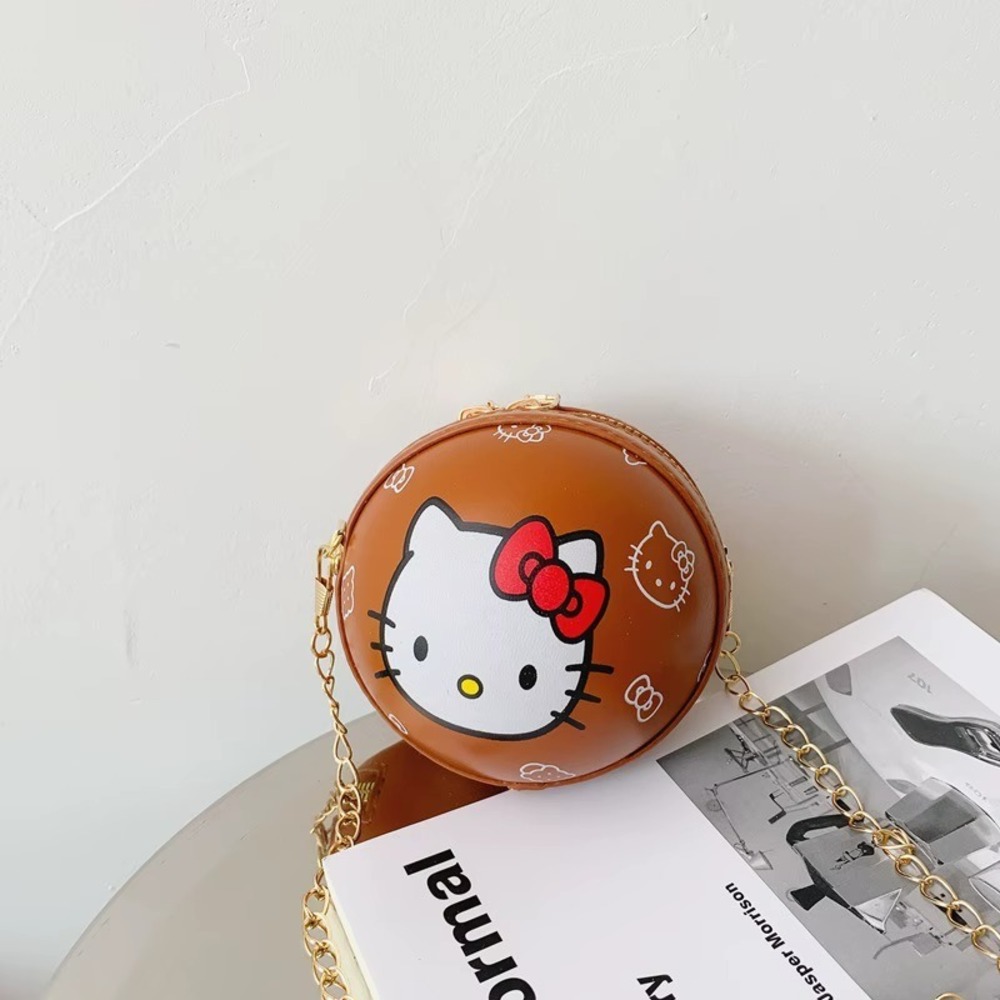 Hello Kitty Brown Round Crossbody Bag Gold Chain Shoulder Purse New